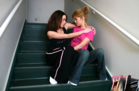 Amateur Lesbians Diddy & Serena Having A XXX Moment On The Stairs