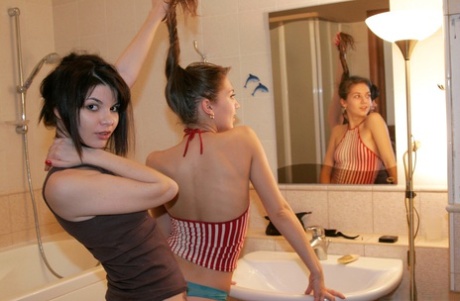 Barely legal girls Kaira 18 & Ellen go topless in underwear in the bathroom - PornHugo.net