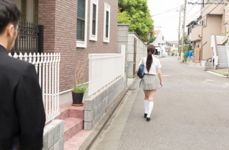 Japanese schoolgirl takes off her uniform to have sex with her stepfather.