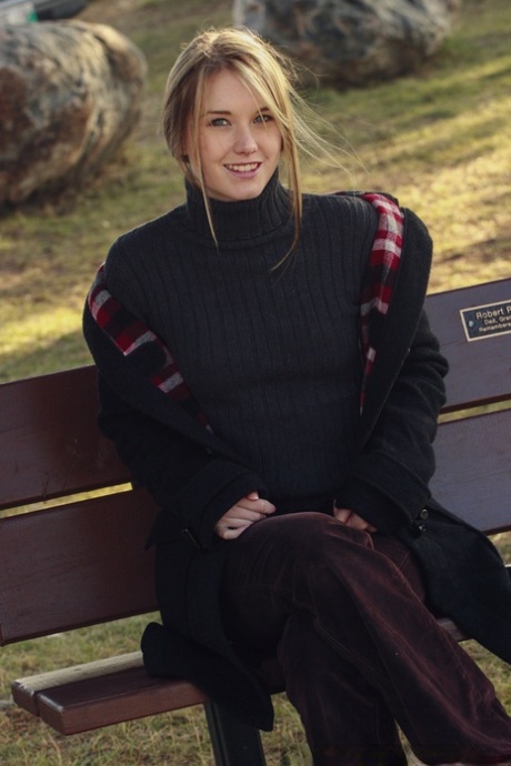 Beautiful Blonde Jewel Exposes Her Tits And Pussy On A Park Bench