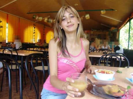 A restaurant witnesses a dirty blonde teenager wearing a no panty upskirt.