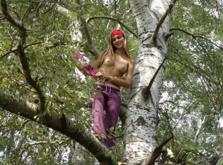 Sweet Blonde Teen Gets Totally Naked After Climbing A Birch Tree