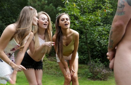 Lucky Fella Receives A Triple Blowjob In Public From Insatiable Teenage Babes