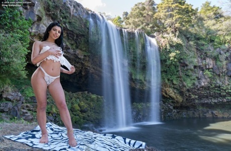 Brazilian Babe Gina Valentina Gets Naked On A Blanket In Front Of A Waterfall