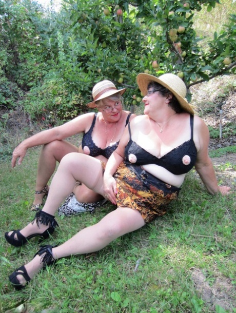 Older Granny Girdle Goddess & Her Aged Gal Pal Showing Ass & Nipples Outdoors