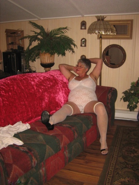 Loathe: Obesity granny removes her laced bottomry to pose naked in OTK nylons.