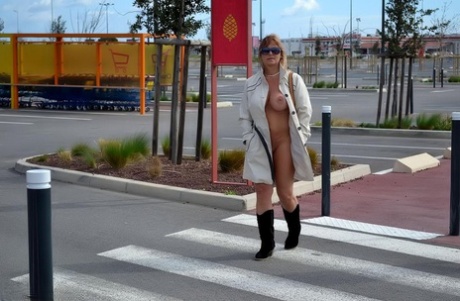 Female Exhibitionist Nude Chrissy Exposes Herself In Public In A Coat & Shades