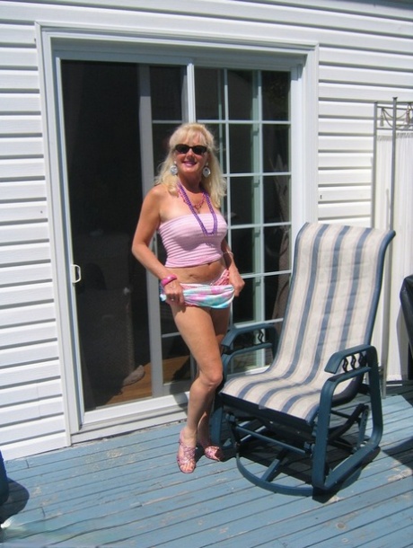 Middle-aged Blonde Ruth Exposes Ruffled Panties Outdoors Before POV Sex Inside