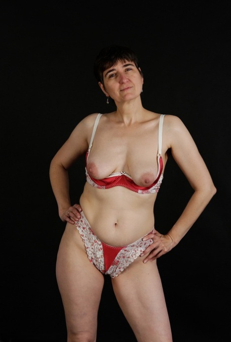 Horny Granny With Small Saggy Boobs Peels Red Lingerie To Pose Naked