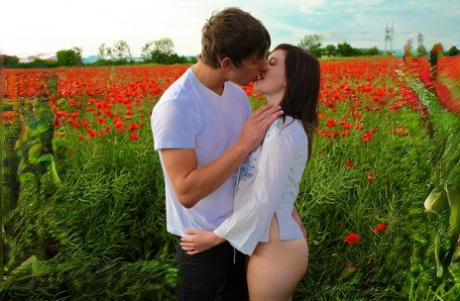 Young lovers have sex in a field of blooming flowers.