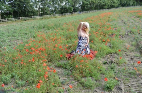 Uncommonly: Blonde amateur Barby Slut, right (left) gets naked outside a horse paddock in the middle of a pasture last night.