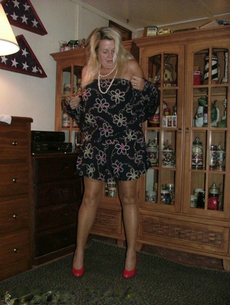 Fat Grandmother With Blonde Hair Exposes Herself In Tan Nylons And Garters