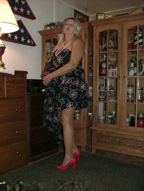 Fat Grandmother With Blonde Hair Exposes Herself In Tan Nylons And Garters