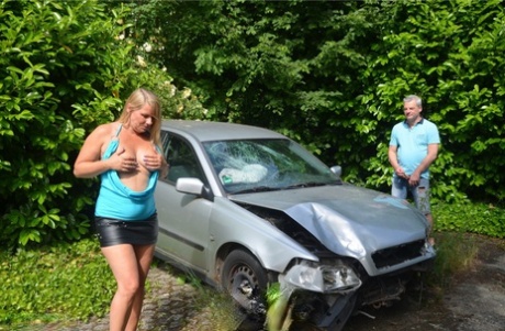 Older Blonde Sweet Susi Sucks A Dick By A Wrecked Automobile In The Backyard