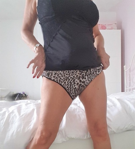 Mature fatty changes from cougar print panties to white cotton underwear