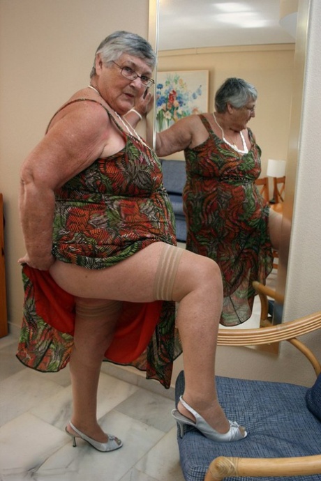 Silver haired granny Grandma Libby exposes her obese figure afore a mirror #4