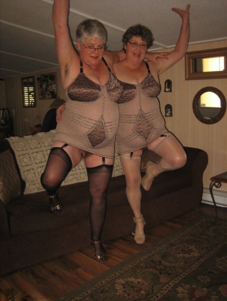 Old Women Strip Down To Matching Girdles Before Baring Floppy Tits And Beavers