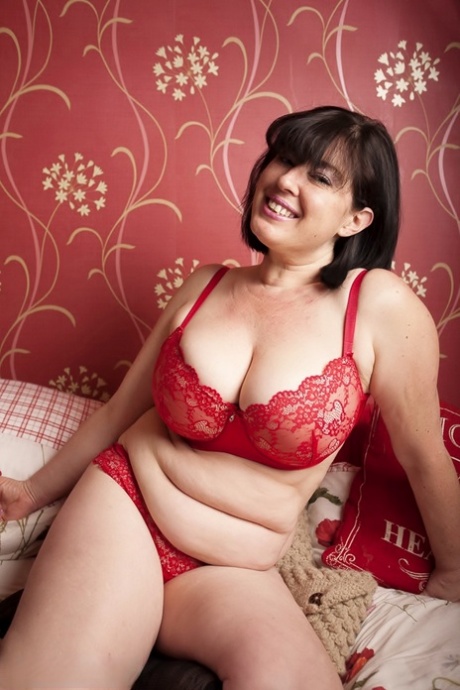 Big Fatty Juicey Janey Doffs Red Lingerie To Fondle Her Own Enormous Tits