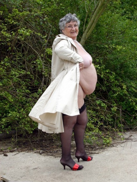 Fat Nan Grandma Libby Flashes By The Trees In An Overcoat Before Masturbating