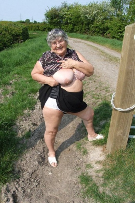 Horny Granny Grandma Libby Exposes Massive Big Tits And Huge Ass At The Farm