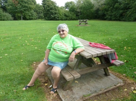 Obese Oma Grandma Libby Exposes Her Large Tits And Butt On A Picnic Table