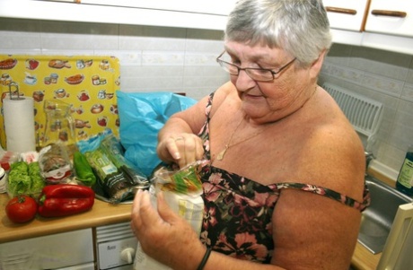 Grandmother Libby, who is Obese in the UK, gets completely naked while playing with vegetables.