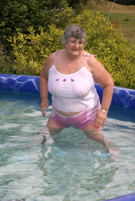 Overweight UK Nan Grandma Libby Exposes Her Boobs In A Backyard Swimming Pool