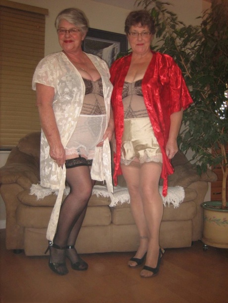 The Girdle Goddess and another Nanny model teamed up for a matching nylon lingerie ensemble as an amateur granny.