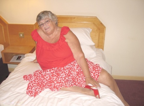 Fat British Lady Grandma Libby Toys Her Pussy On A Bed In Nylons And Garters