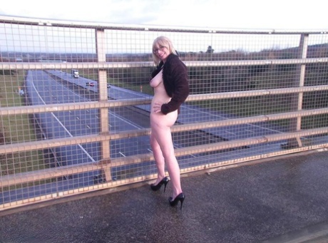A street on a busy road witnesses the animated Barby Slut, who is an older adult.