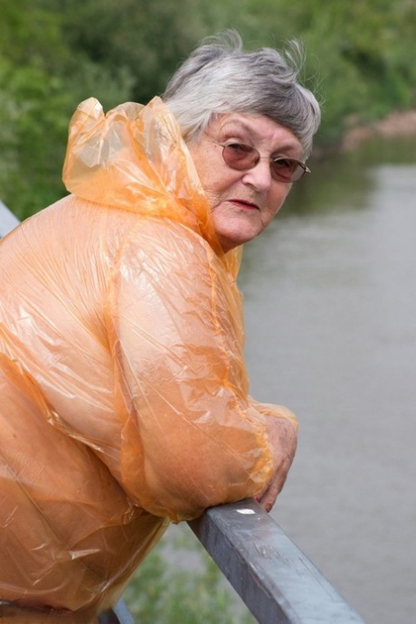 Obese British amateur Grandma Libby releases her transparent raincoat.