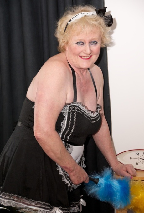 Old Woman Masturbates Her Horny Cunt Wearing A French Maid Outfit And Heels