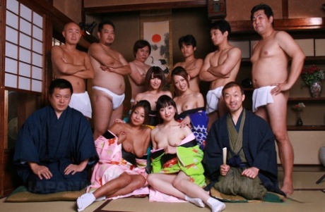 Hot young Japanese models remove their kimonos for raunchy group groping