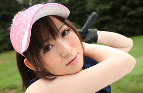 Sweet sports girl: Michiru Tsukino practice golf swinging nude on links.