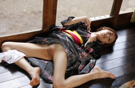 Japanese model Shuri Maihama removes upskirt panties in a kimono