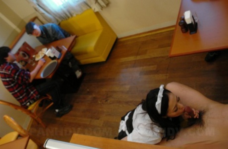 Japanese maid Mai Mizusawa blows her boss and his son at the same time