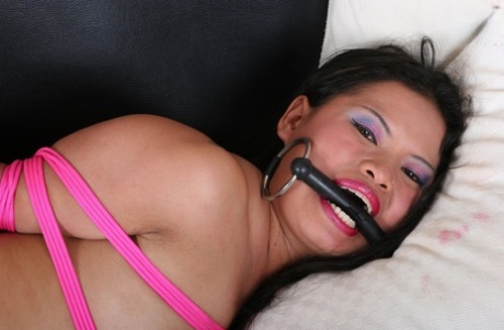 Cute Asian Slave Girl Sports A Bit In Her Mouth While Tied Up With Pink Rope