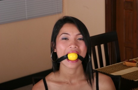 A kitchen chair holds an Asian girl up against a ball gag.