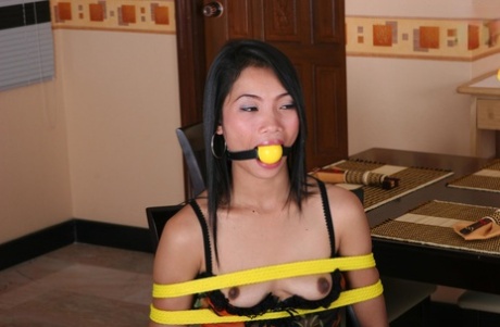 As an Asian girl struggles against a ball gag while being restrained by a kitchen chair, she performs one last lunge.