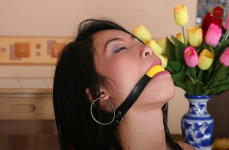 Holding onto a kitchen chair, an Asian girl performs a ball gag while holding on.