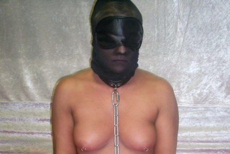 Caucasian women wear crotchless pantyhose while in bondage.