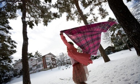 Adorable Japanese teen Minor poses naked on bed in the Winter