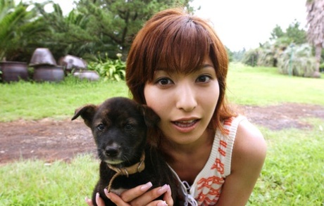 Totally naked: Japanese redhead named An Naba gets lost while playing with puppies.