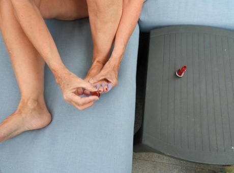Old Woman Kat Kitty Gets Naked On Outdoor Sofa While Painting Her Toenails