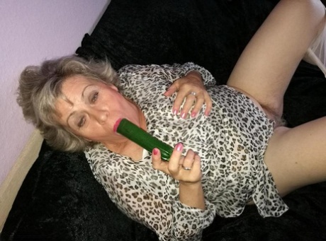 Old Woman Caro Satisfies Her Horny Pussy With Cucumber After Pulling Down Hose