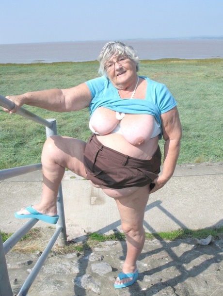 Senior citizen Grandma Libby flaunts her body on a deserted bike trail.
