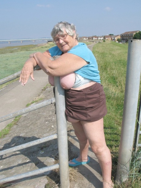 Fat old woman Grandma Libby exposes herself on a desolate bike path