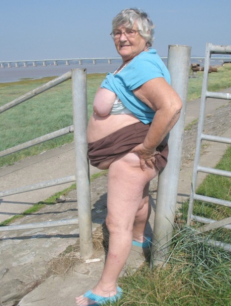 Fat old woman Grandma Libby exposes herself on a desolate bike path