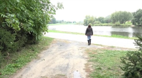 Caucasian Girl Victoria Daniels Pisses In A Puddle On A Dirt Driveway