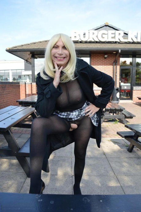 Older Blonde Barby Slut Flashes Her Pussy In Public Wearing Crotchless Hose